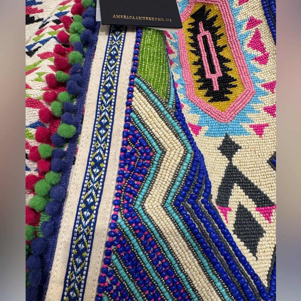 America & Beyond Hand Beaded Boho Tote Bag NWT Tribal Pom Pom Large Weekender - Picture 6 of 16